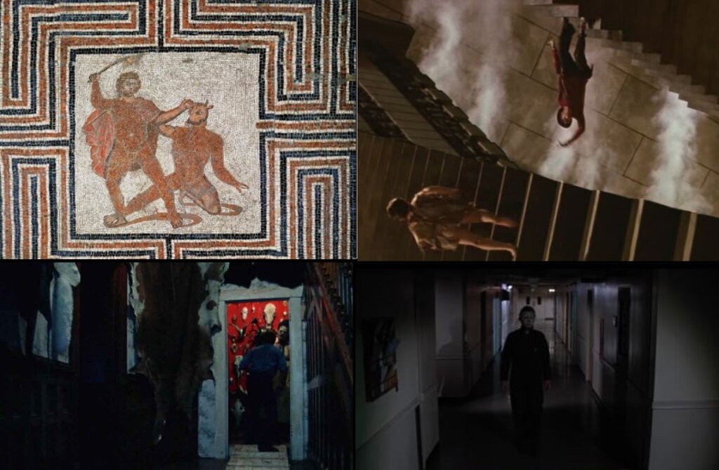 In alto a sinistra: Minotauromachìa in un mosaico romano del IV sec. (Kunsthistorisches Museum, Vienna) In alto a destra: scena tratta da Nightmare 5 - Il Mito [1989]. In basso a sinistra: Non aprite quella porta di Tobe Hooper [1974]; a destra: scena tratta da Halloween II - Il signore della morte [1981]